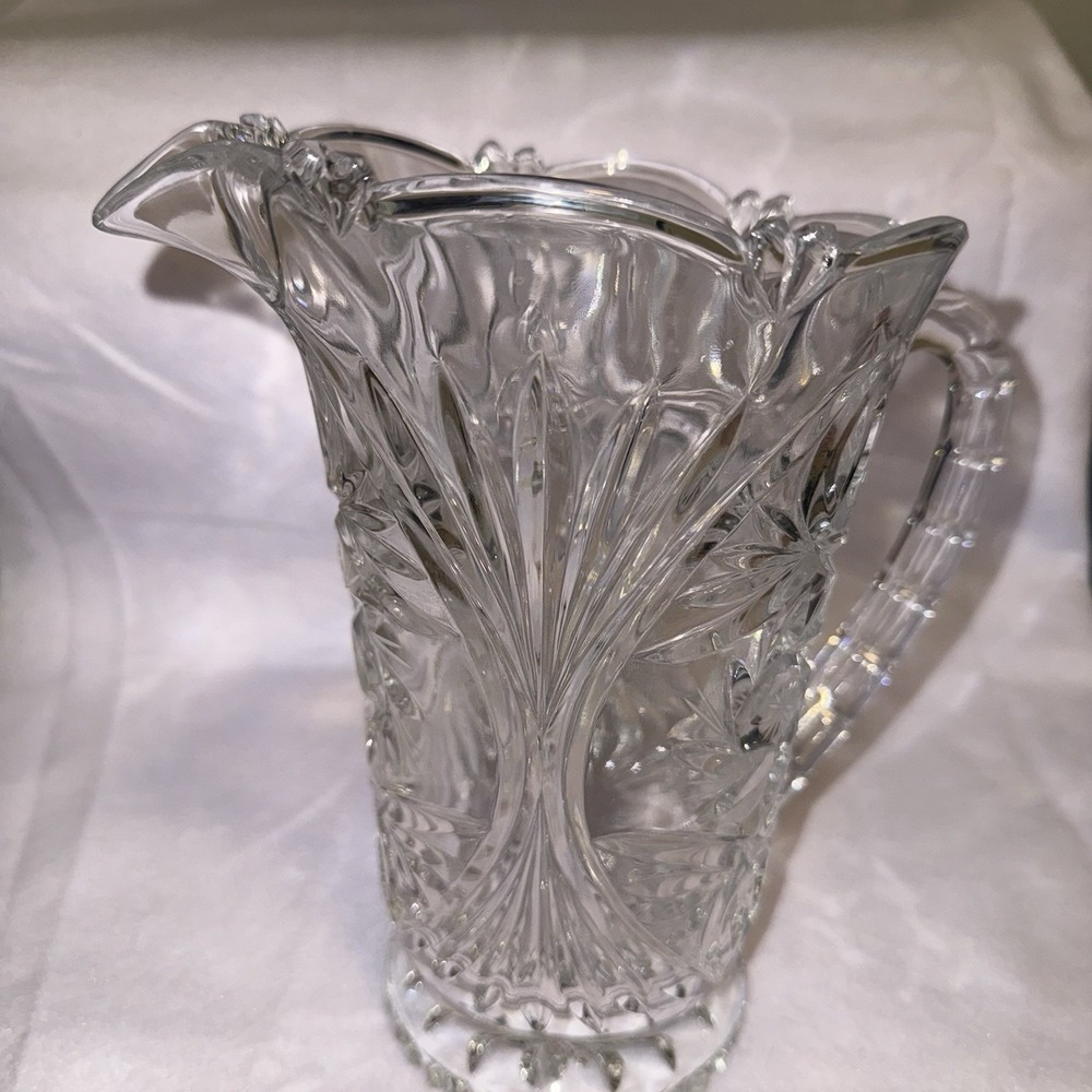 Vintage Clear Glass‎ Pitcher Floral Starburst Design Elegant Water Beverage